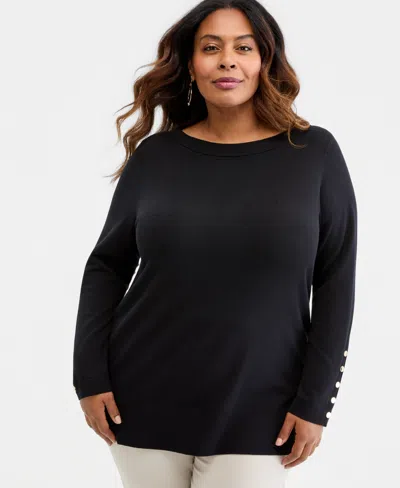 Jm Collection Plus Size Boat-neck Button-sleeve Sweater, Macy's Exclusive In Black
