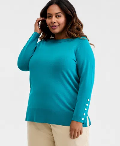 Jm Collection Plus Size Boat-neck Button-sleeve Sweater, Macy's Exclusive In Harbor Blu