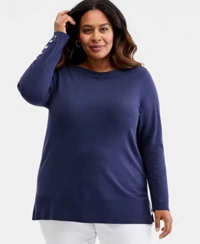 Jm Collection Plus Size Boat-neck Button-sleeve Sweater, Macy's Exclusive In Intrepid Blue