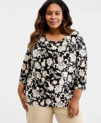 Jm Collection Plus Size Bold Floral Scroll 3/4-sleeve Jacquard Top, Macy's Exclusive In Black