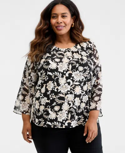 Jm Collection Plus Size Bold Floral Scroll Chiffon-sleeve Gathered-neck Top In Multi