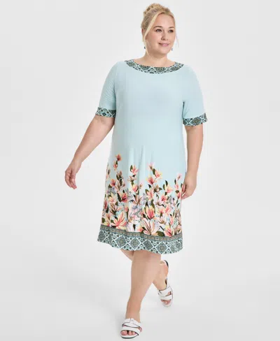 Jm Collection Plus Size Border-print Short-sleeve Shift Dress, Exclusively At Macy's