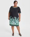 Jm Collection Plus Size Border-print Short-sleeve Shift Dress, Exclusively At Macy's In Deep Black