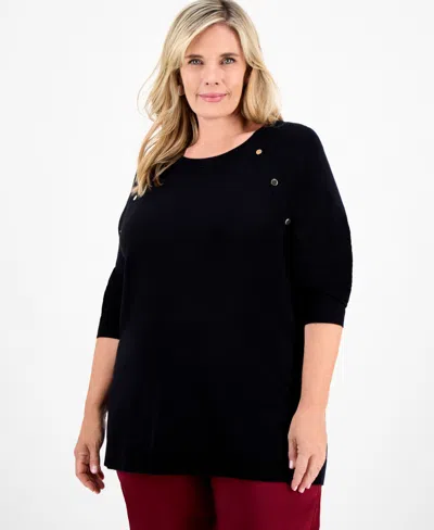 Jm Collection Plus Size Button-trim Sweater, Macy's Exclusive In Black