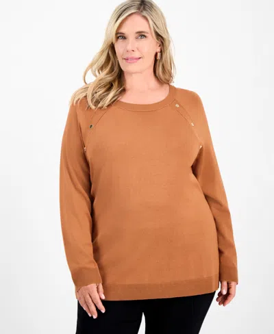 Jm Collection Plus Size Button-trim Sweater, Macy's Exclusive In Brown