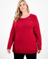 Jm Collection Plus Size Button-trim Sweater, Macy's Exclusive In Red
