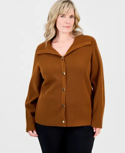 Jm Collection Plus Size Collared Long-sleeve Cardigan, Macy's Exclusive In Brown