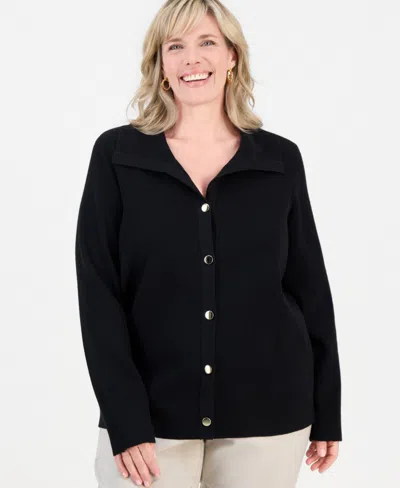 Jm Collection Plus Size Collared Long-sleeve Cardigan, Macy's Exclusive In Black