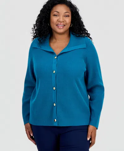 Jm Collection Plus Size Collared Long-sleeve Cardigan, Macy's Exclusive In Blue