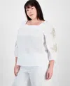 Jm Collection Plus Size Cotton Square-neck Floral-applique Top, Exclusively At Macy's In Bright White