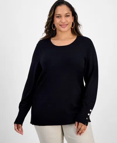 Jm Collection Plus Size Crewneck Long-sleeve Sweater, Macy's Exclusive In Black