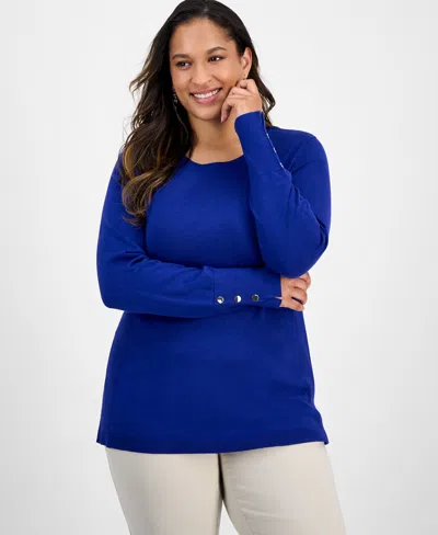 Jm Collection Plus Size Crewneck Long-sleeve Sweater, Macy's Exclusive In Blue