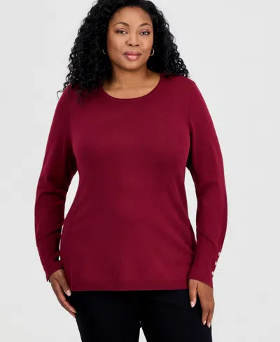 Jm Collection Plus Size Crewneck Long-sleeve Sweater, Macy's Exclusive In Red