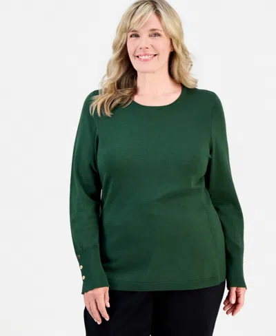 Jm Collection Plus Size Crewneck Long-sleeve Sweater, Macy's Exclusive In Green