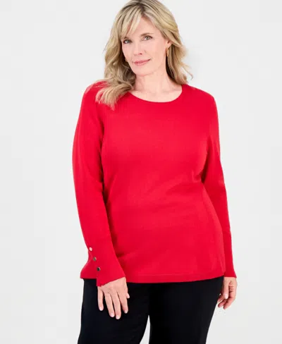 Jm Collection Plus Size Crewneck Long-sleeve Sweater, Macy's Exclusive In Red