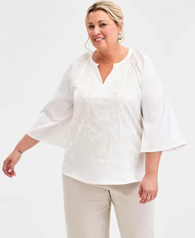 Jm Collection Plus Size Cutwork Top, Macy's Exclusive In Neutral
