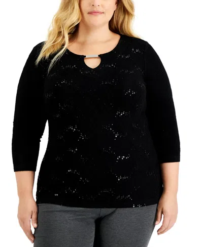 Jm Collection Plus Size Disco Dot Jacquard Top, Created For Macy's In Deep Black