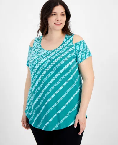 Jm Collection Plus Size Dissipating Etch Cold-shoulder Top, Created For Macy's In Amalfi Blue Combo