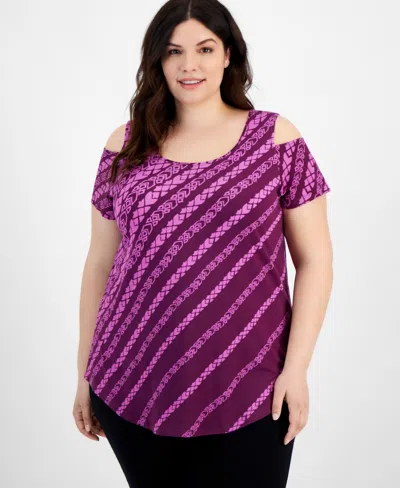 Jm Collection Plus Size Dissipating Etch Cold-shoulder Top, Created For Macy's In Red Violet Combo