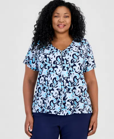 Jm Collection Plus Size Dolce Scroll V-neck Zipper Top, Macy's Exclusive In Blue