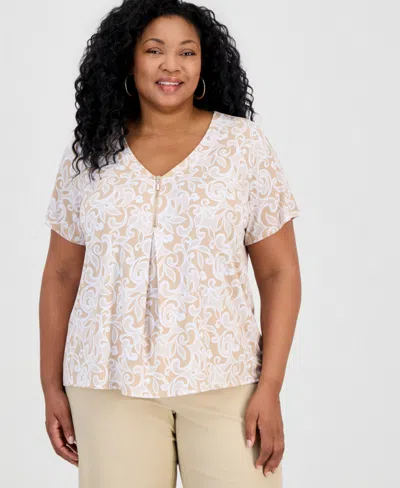 Jm Collection Plus Size Dolce Scroll V-neck Zipper Top, Macy's Exclusive In Brown