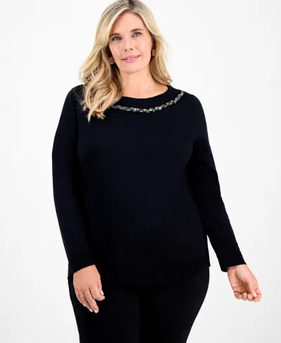 Jm Collection Plus Size Embellished Boatneck Sweater, Macy's Exclusive In Black