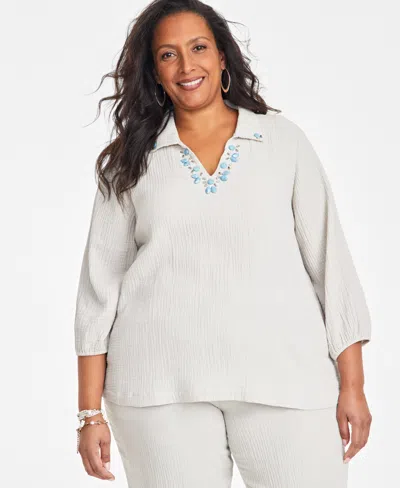 Jm Collection Plus Size Embellished Collar Cotton Gauze Top, Exclusively At Macy's In Stonewall