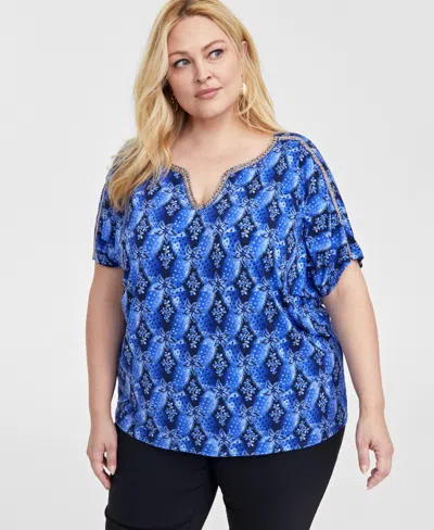 Jm Collection Plus Size Embellished Dolman-sleeve Top, Exclusively At Macy's In Intrepid Blue