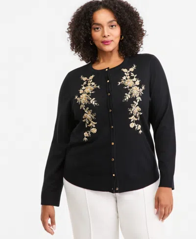 Jm Collection Plus Size Embellished Floral Applique Cardigan, Macy's Exclusive In Black