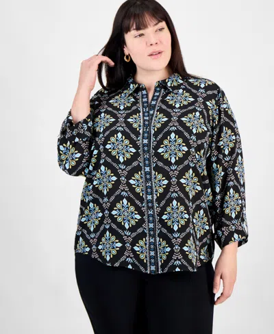 Jm Collection Plus Size Embellished-placket Button-front Shirt, Exclusively At Macy's In Deep Black