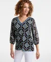 Jm Collection Plus Size Embellished V-neck 3/4-sleeve Top, Exclusively At Macy's In Deep Black