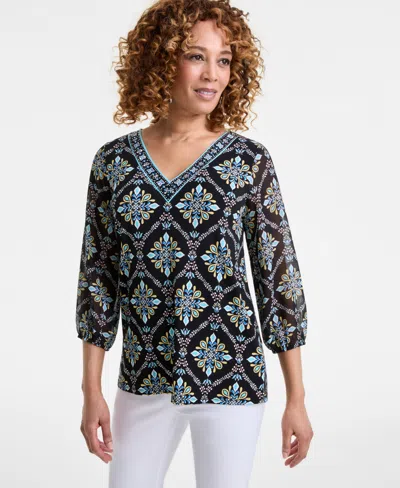 Jm Collection Plus Size Embellished V-neck 3/4-sleeve Top, Exclusively At Macy's In Deep Black
