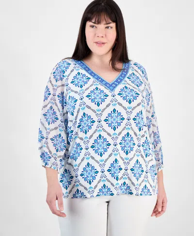 Jm Collection Plus Size Embellished V-neck 3/4-sleeve Top, Exclusively At Macy's In Neo Natural