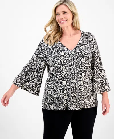 Jm Collection Plus Size Embellished V-neck 3/4-sleeve Top, Macy's Exclusive In Black