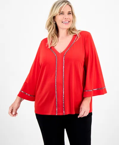 Jm Collection Plus Size Embellished V-neck 3/4-sleeve Top, Macy's Exclusive In Red
