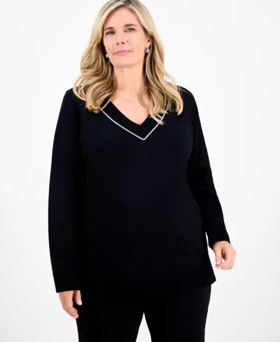 Jm Collection Plus Size Embellished V-neck Sweater, Macy's Exclusive In Black