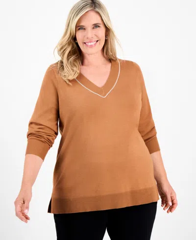 Jm Collection Plus Size Embellished V-neck Sweater, Macy's Exclusive In Brown