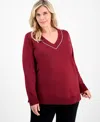 Jm Collection Plus Size Embellished V-neck Sweater, Macy's Exclusive In Red