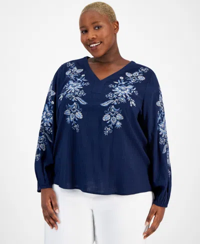 Jm Collection Plus Size Embroidered V-neck Blouson-sleeve Top, Created For Macy's In Intrepid Blue Combo