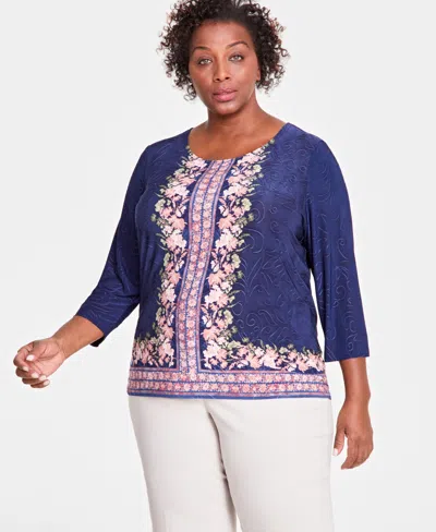 Jm Collection Plus Size Enchantment Floral Jacquard Top, Created For Macy's In Intrepid Blue Combo
