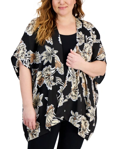 Jm Collection Plus Size Felicia Floral Kimono Jacket, Created For Macy's In Deep Black Combo