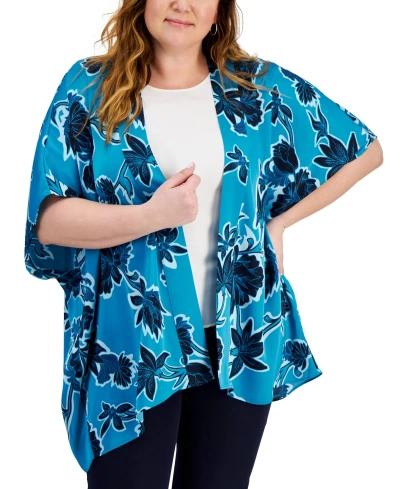 Jm Collection Plus Size Felicia Floral Kimono Jacket, Created For Macy's In Seafrost Combo