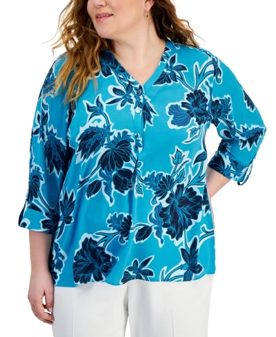 Jm Collection Plus Size Felicia Floral Utility Top, Created For Macy's In Seafrost Combo