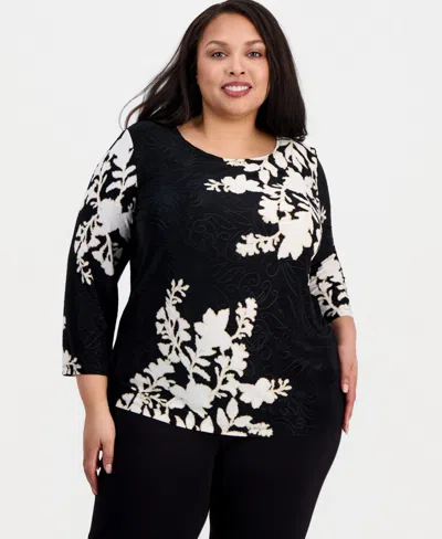 Jm Collection Plus Size Floral Jacquard Knit Top, Macy's Exclusive In Black