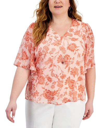 Jm Collection Plus Size Floral Necklace Top, Created For Macy's In Rose Tint Combo