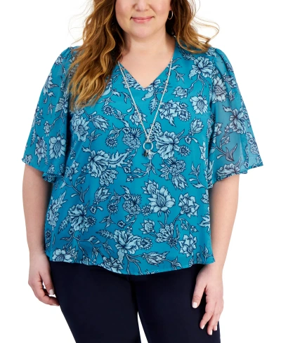 Jm Collection Plus Size Floral Necklace Top, Created For Macy's In Seafrost Combo