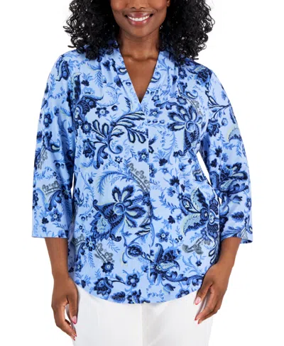 Jm Collection Plus Size Floral-print Front-pleat Top, Created For Macy's In Watery Blue Combo