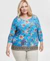 Jm Collection Plus Size Floral-print Jacquard 3/4-sleeve Top, Exclusively At Macy's In Indigo Bun