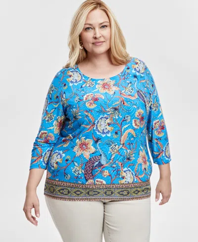 Jm Collection Plus Size Floral-print Jacquard 3/4-sleeve Top, Exclusively At Macy's In Indigo Bun