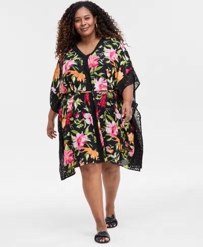 Jm Collection Plus Size Floral-printed Dress, Exclusively At Macy's In Deep Black